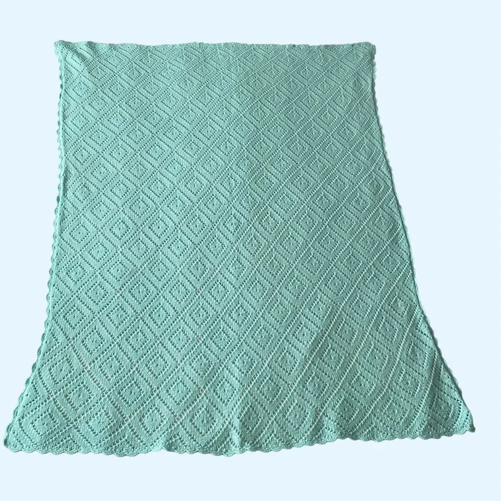 Handmade Baby Blanket Crocheted Throw Blue Mint Diamond Pattern Lightweight